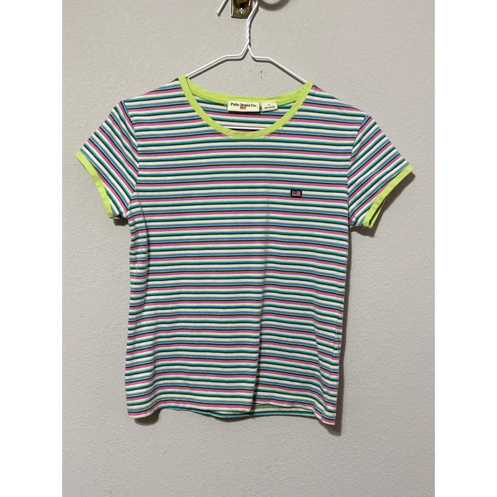 Polo Jeans Co T-Shirt Womens Large Multi-Color Striped Y2K Cotton Crew Neck Tee